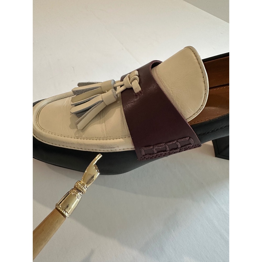 J.McLaughlin Women 8.5 Tri-Color Leather Tassel Block Heel Loafers Dk Navy Cream - Picture 4 of 8